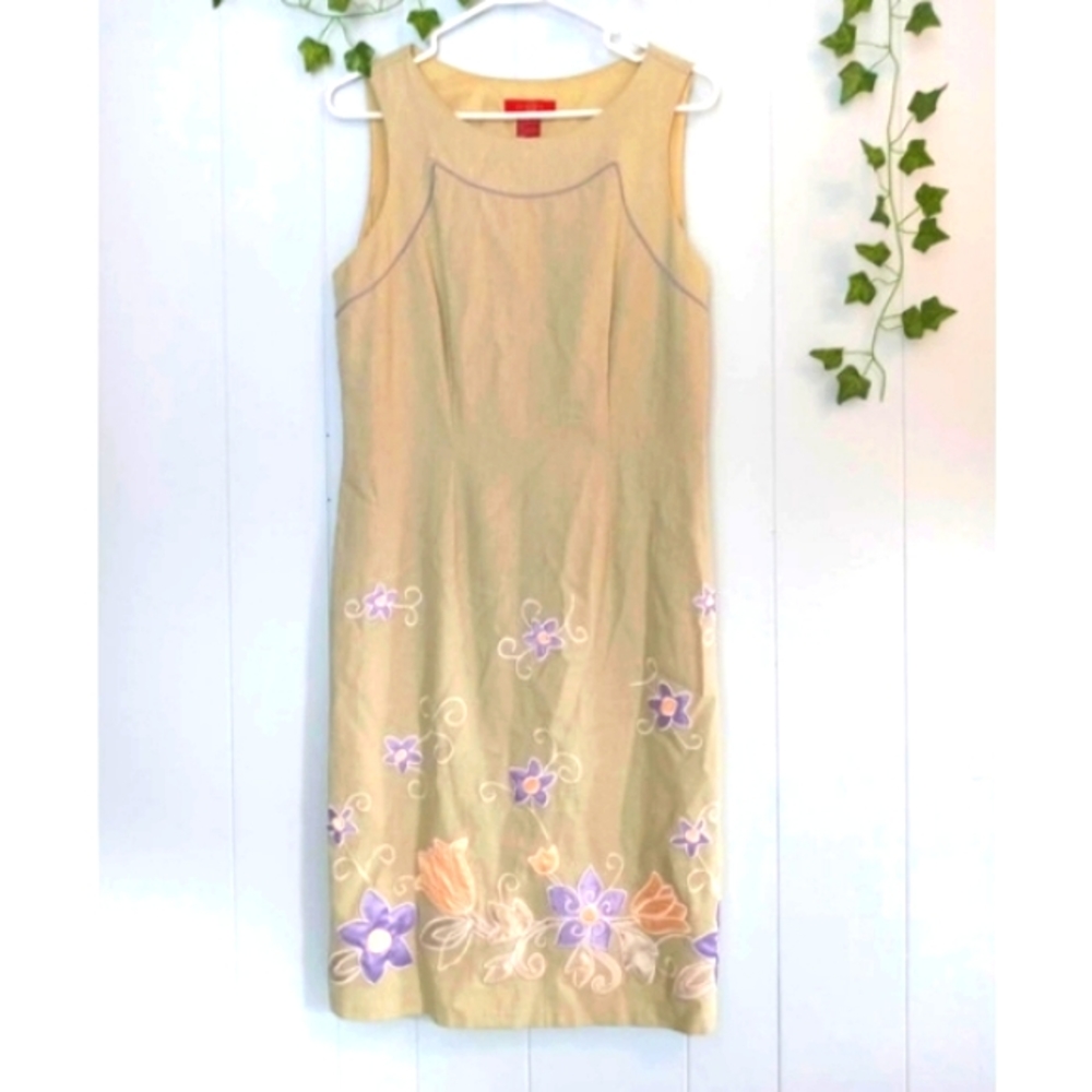 Vintage Sangria Linen Blend Sleeveless Dress Floral Embroidery Women's